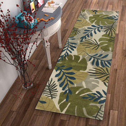 5' X 8' Ivory Green And Blue Wool Botanical Leaves Hand Tufted Area Rug
