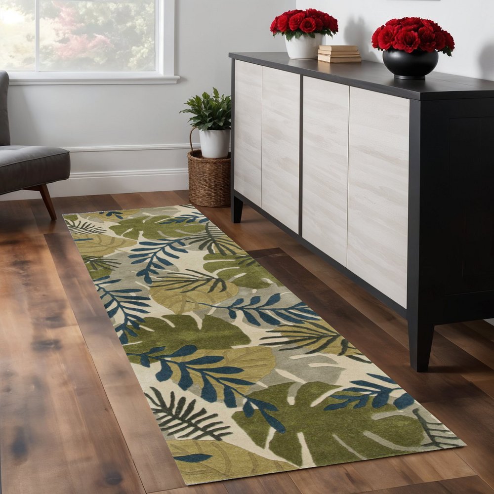 5' X 8' Ivory Green And Blue Wool Botanical Leaves Hand Tufted Area Rug
