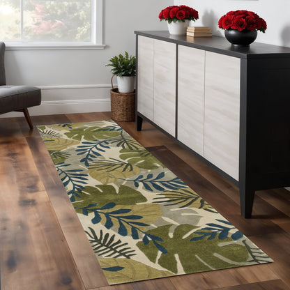 5' X 8' Ivory Green And Blue Wool Botanical Leaves Hand Tufted Area Rug