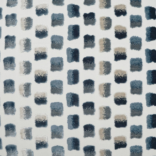White fabric with a repeating painterly blue-gray square brushstroke pattern; versatile textile for upholstery or decor.