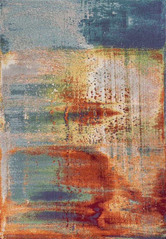 5' X 8' Blue Rust Orange Machine Woven Abstract Brushstrokes Indoor Area Rug