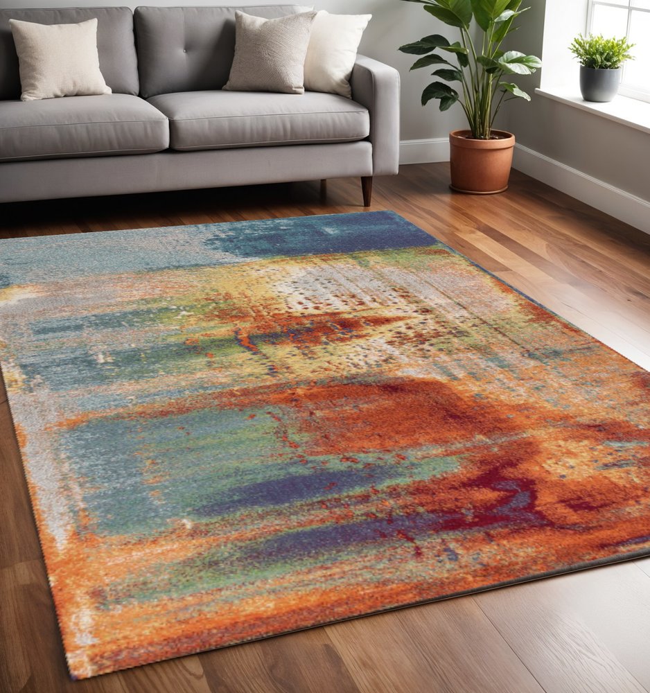 5' X 8' Blue Rust And Orange Abstract Area Rug
