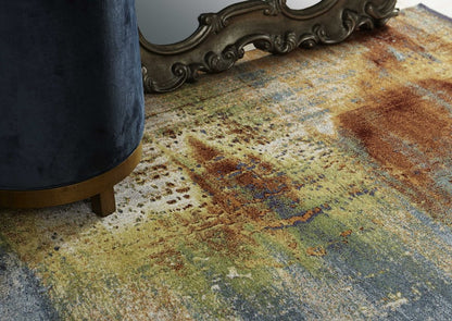 5' X 8' Blue Rust And Orange Abstract Area Rug