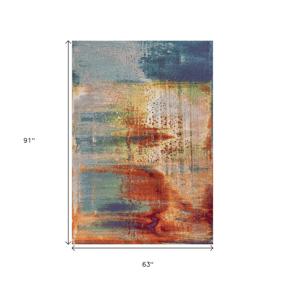5' X 8' Blue Rust And Orange Abstract Area Rug