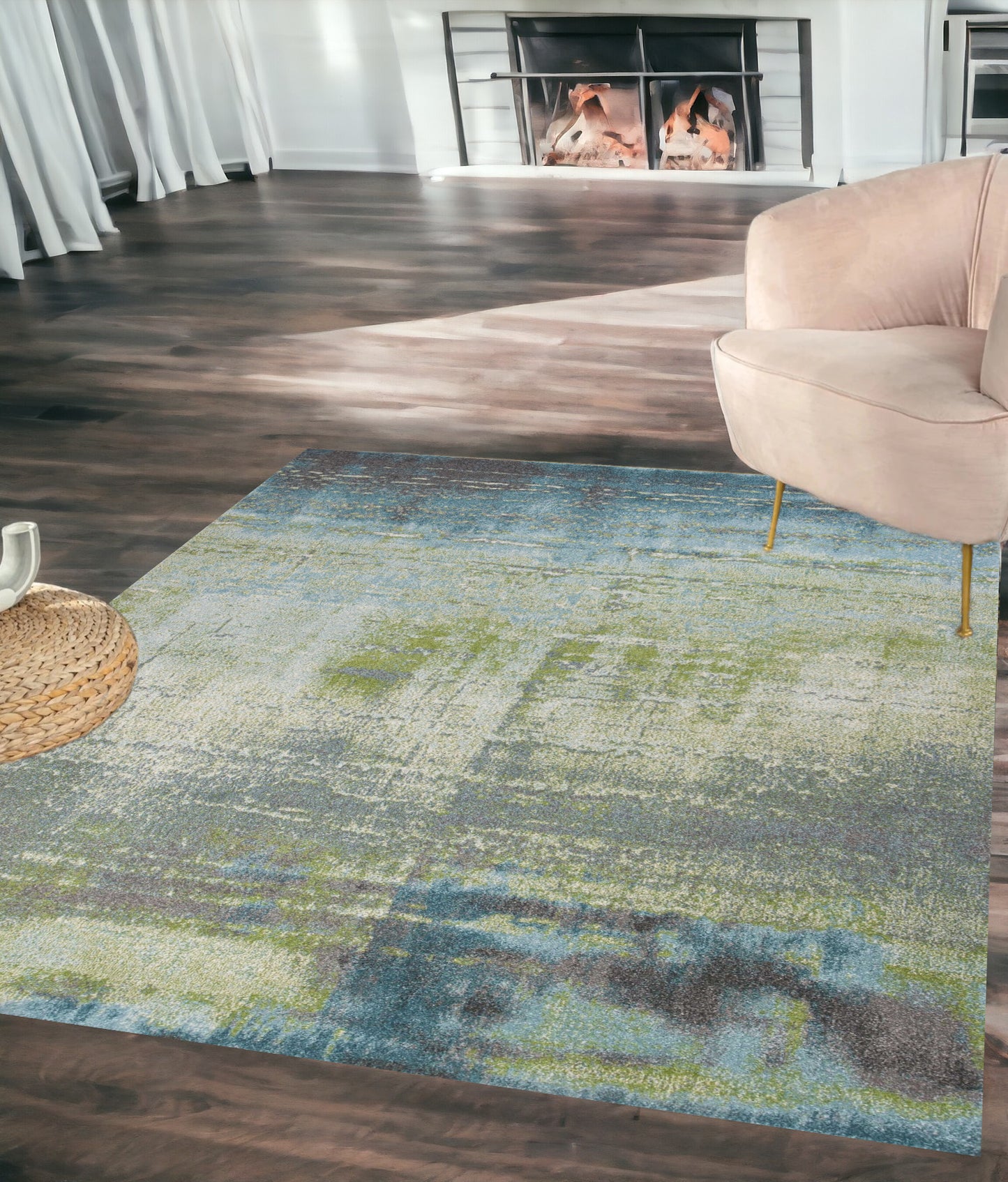 3' X 5' Blue and Green Abstract Brushstrokes Area Rug