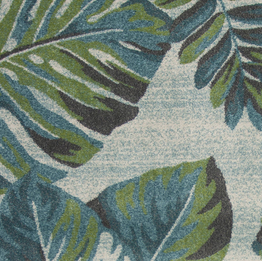 5' X 8' Beige Teal and Green Tropical Botanical Leaves Area Rug