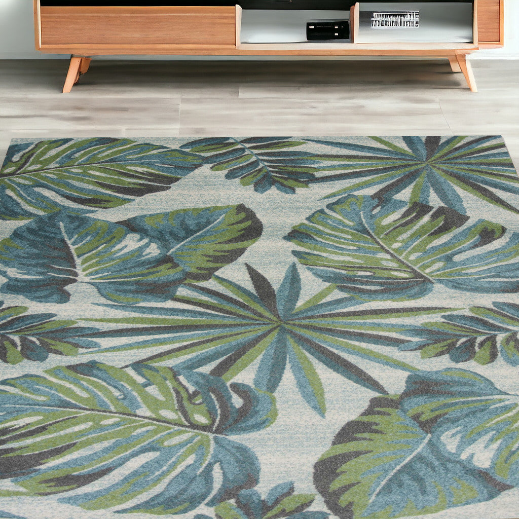 3' X 5' Teal and Ivory Tropical Floral Area Rug