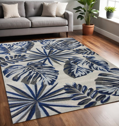 8' X 11' Blue And Gray Botanical Leaves Area Rug