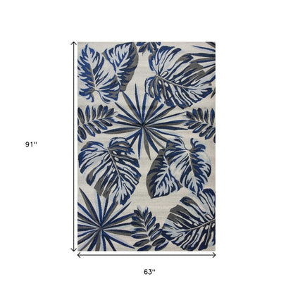 8' X 11' Blue And Gray Botanical Leaves Area Rug