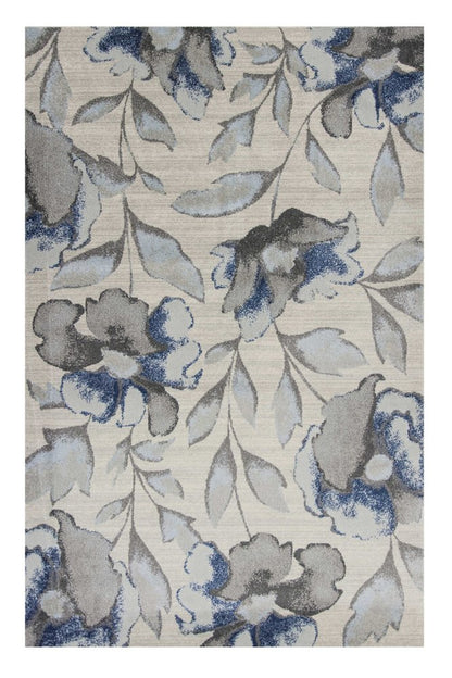 9' X 13' Ivory Blue And Gray Floral Vines Area Rug