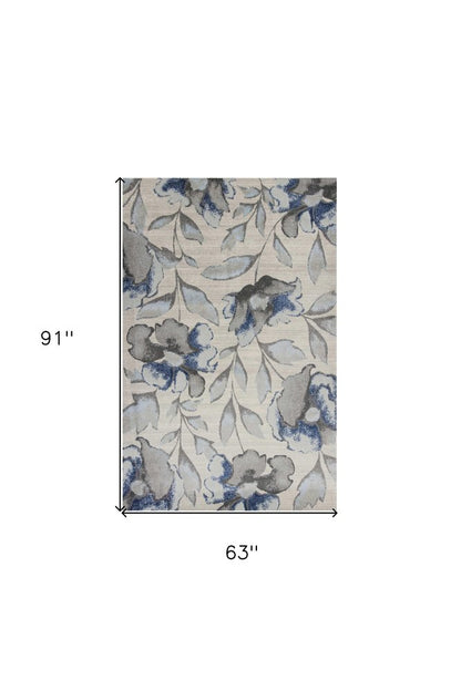 9' X 13' Ivory Blue And Gray Floral Vines Area Rug