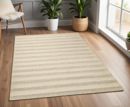 5' X 7' Ivory And White New Zealand Lambs Wool Striped Hand Woven Area Rug