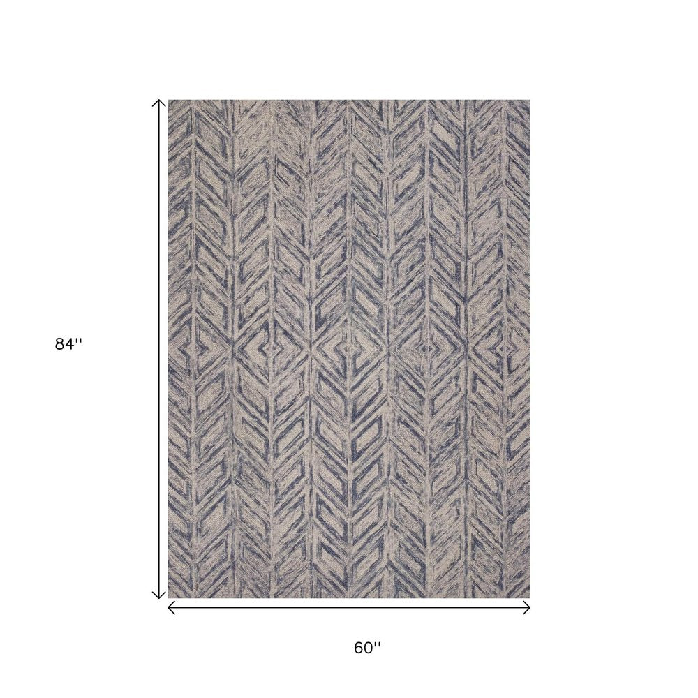 3' X 5' Blue And Beige Wool Chevron Hand Tufted Area Rug