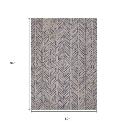 3' X 5' Blue And Beige Wool Chevron Hand Tufted Area Rug