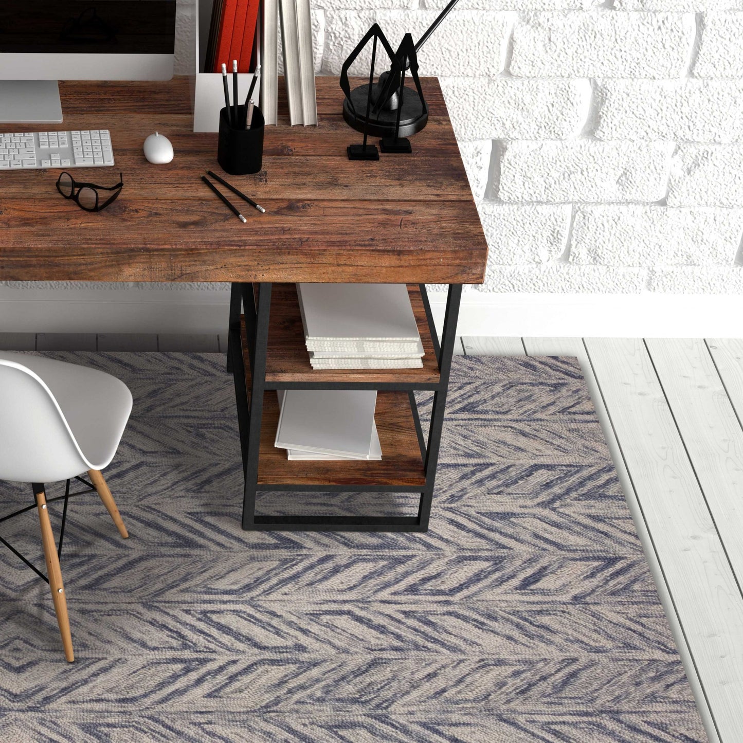 5' X 7' Blue Hand Tufted Wool Herringbone Indoor Area Rug