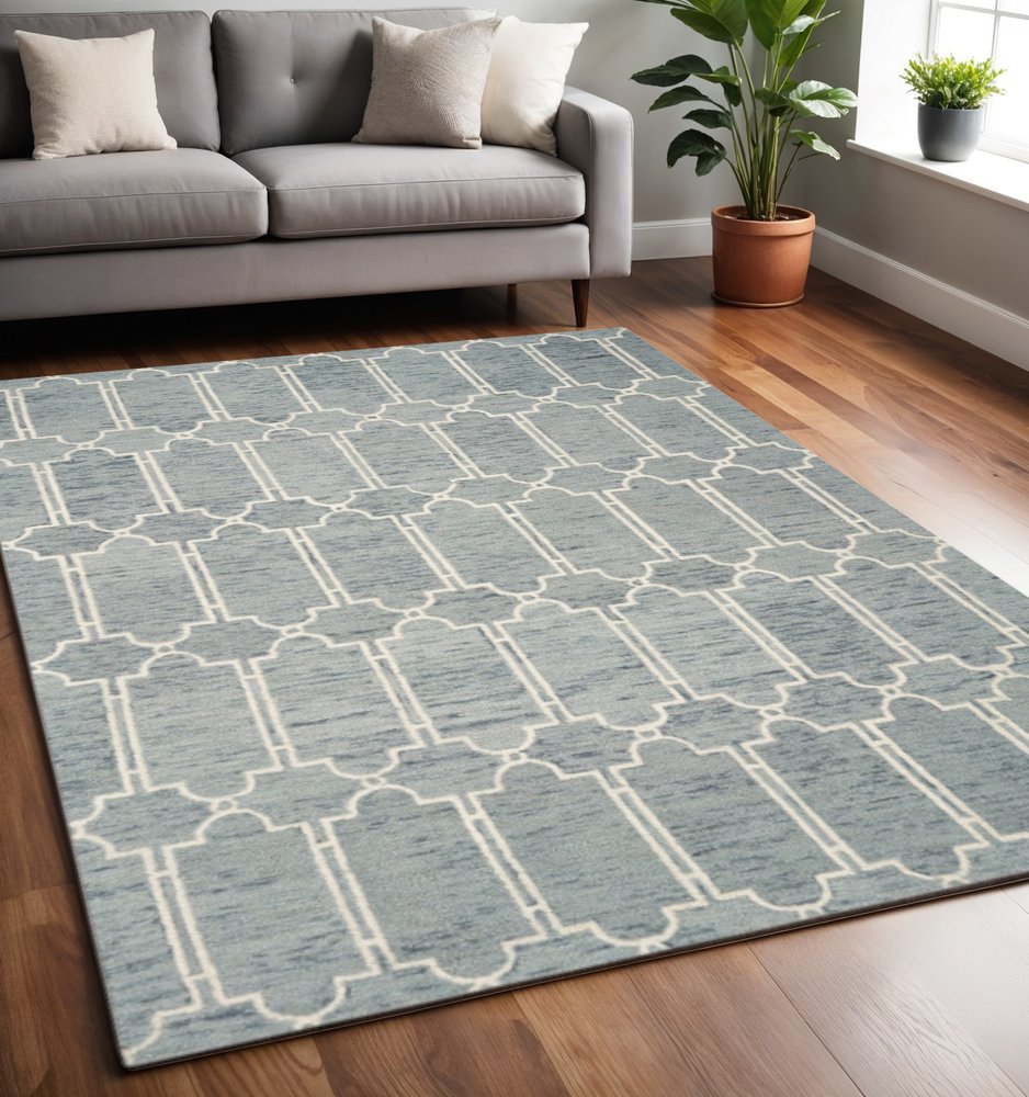 2' X 4' Slate Blue And Ivory Wool Geometric Hand Tufted Area Rug