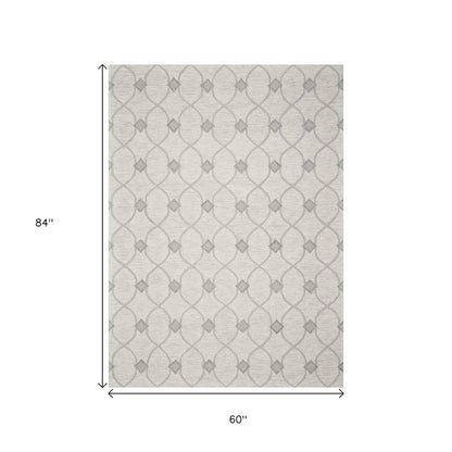 5' X 7' Ivory And Gray Wool Ogee Hand Tufted Area Rug