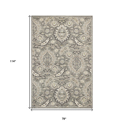 7' X 9' Grey Floral Vine Uv Treated Indoor Area Rug