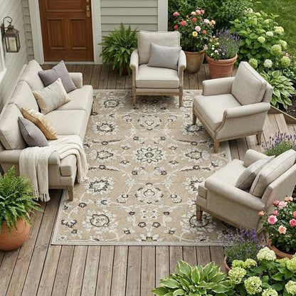 7' X 10' Beige Floral Indoor Outdoor Area Rug