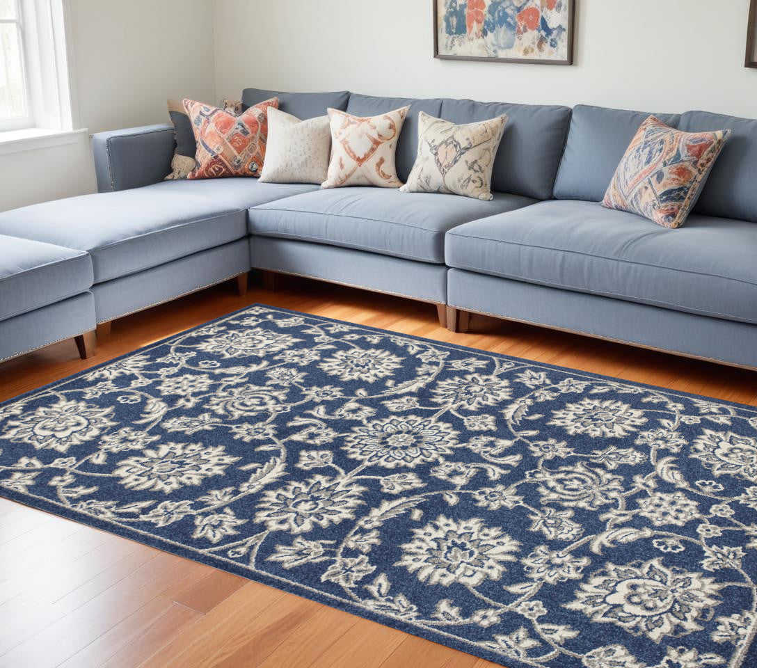 5' X 8' Denim Floral Vines Uv Treated Area Rug