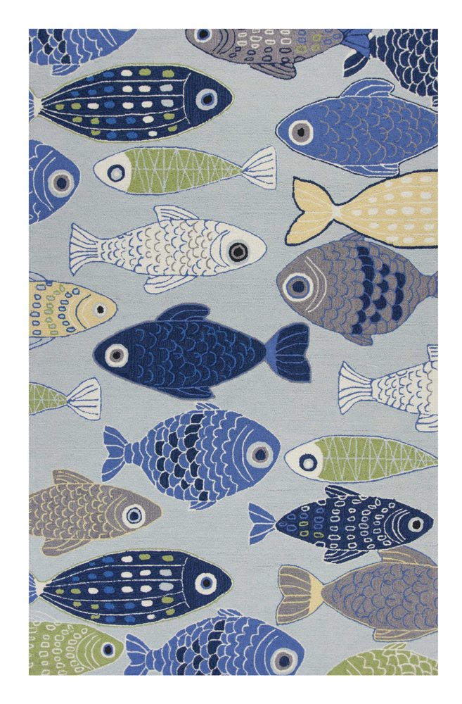 7' X 9' Blue Ivory And Green Fish Hand Tufted Area Rug
