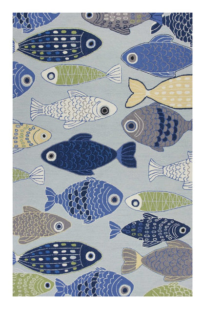 7' X 9' Blue Ivory And Green Fish Hand Tufted Area Rug