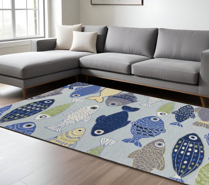 7' X 9' Blue Ivory And Green Fish Hand Tufted Area Rug