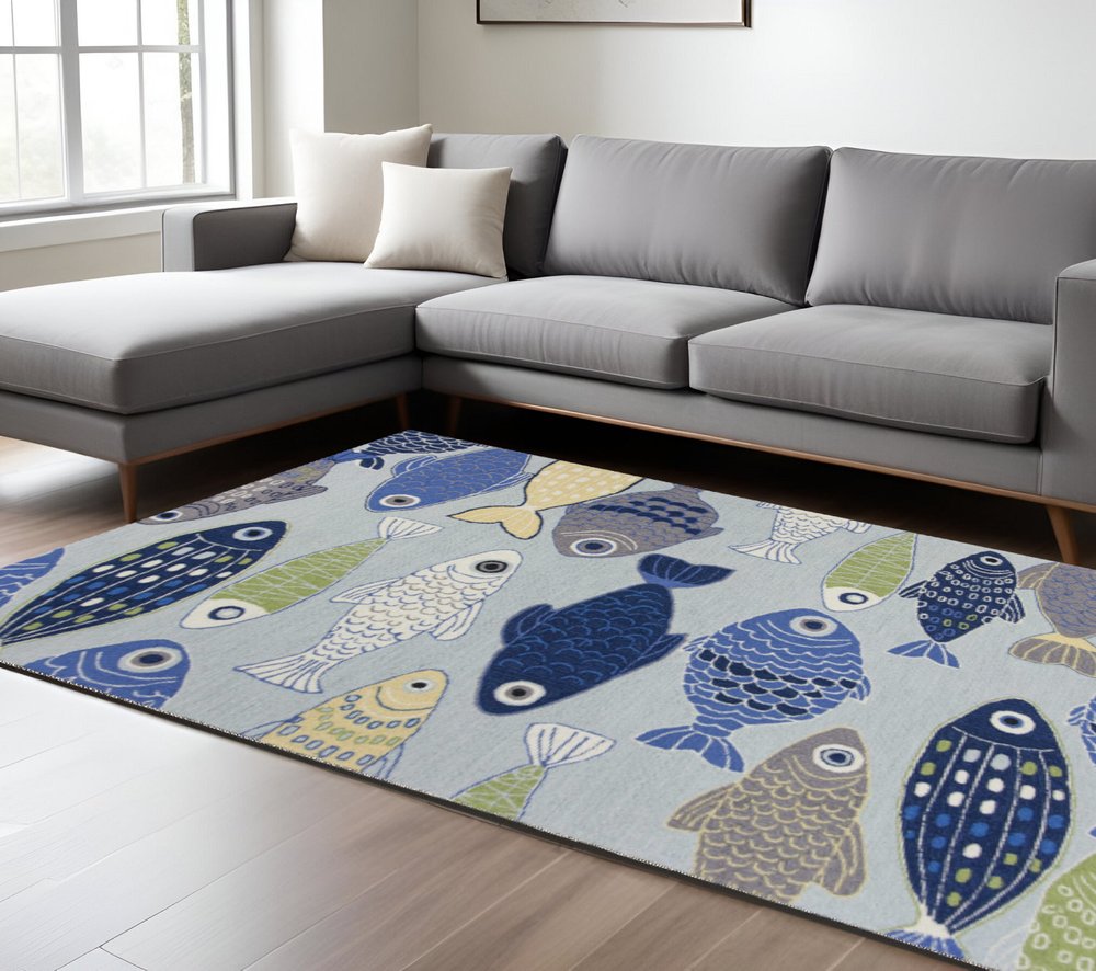 7' X 9' Blue Ivory And Green Fish Hand Tufted Area Rug
