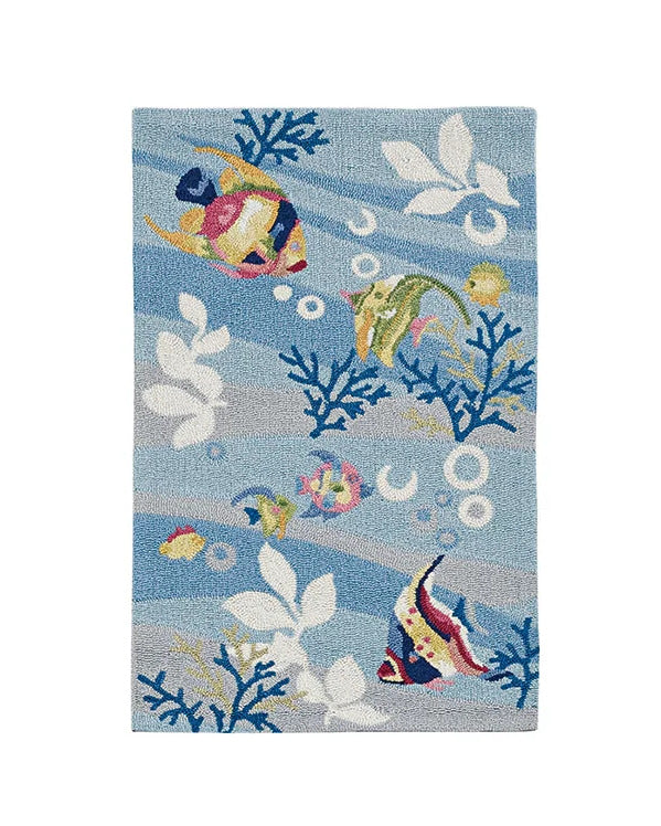 3'X5' Blue Hand Hooked Marine Life Indoor Area Rug