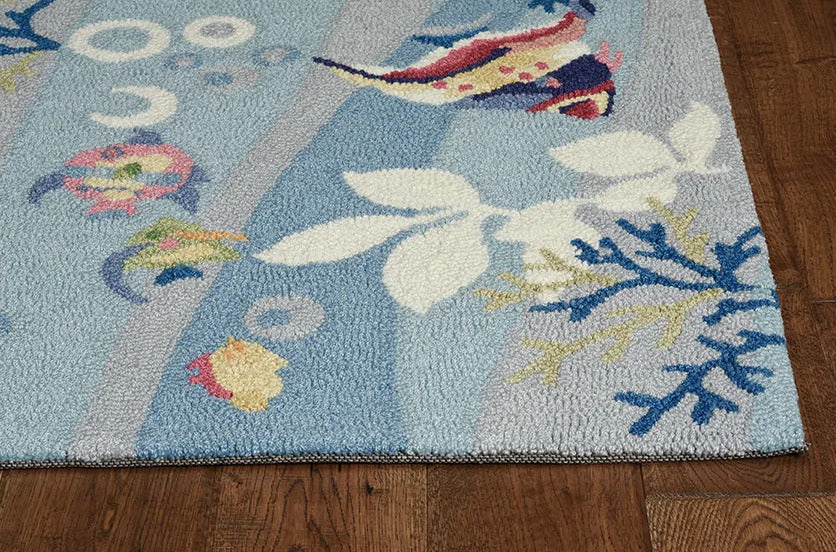 3'X5' Blue Hand Hooked Marine Life Indoor Area Rug