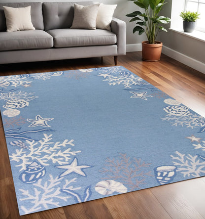 3' X 5' Blue Gray And White Fish and Coral Hand Hooked Area Rug