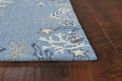 3' X 5' Blue Gray And White Fish and Coral Hand Hooked Area Rug