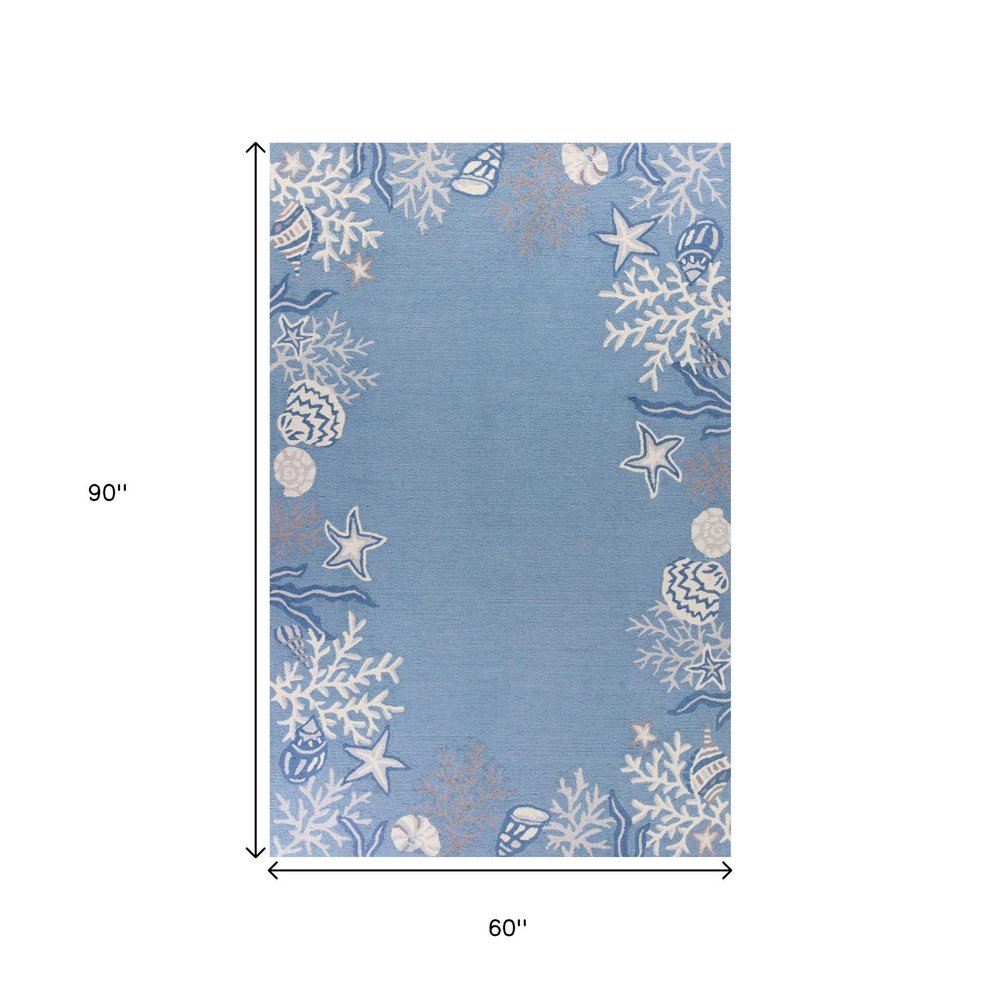 3' X 5' Blue Gray And White Fish and Coral Hand Hooked Area Rug