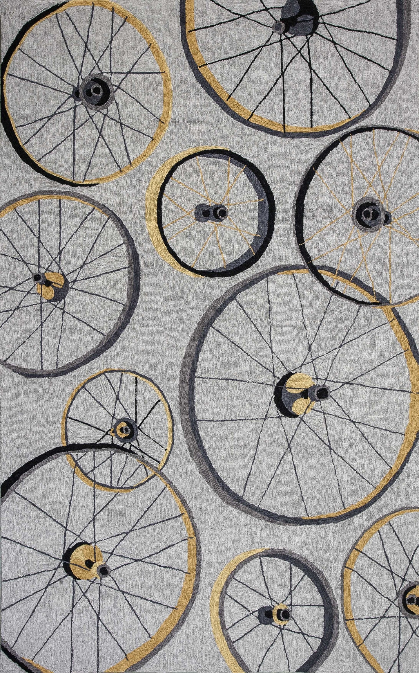 8' Grey Hand Hooked Wheels Round Indoor Area Rug