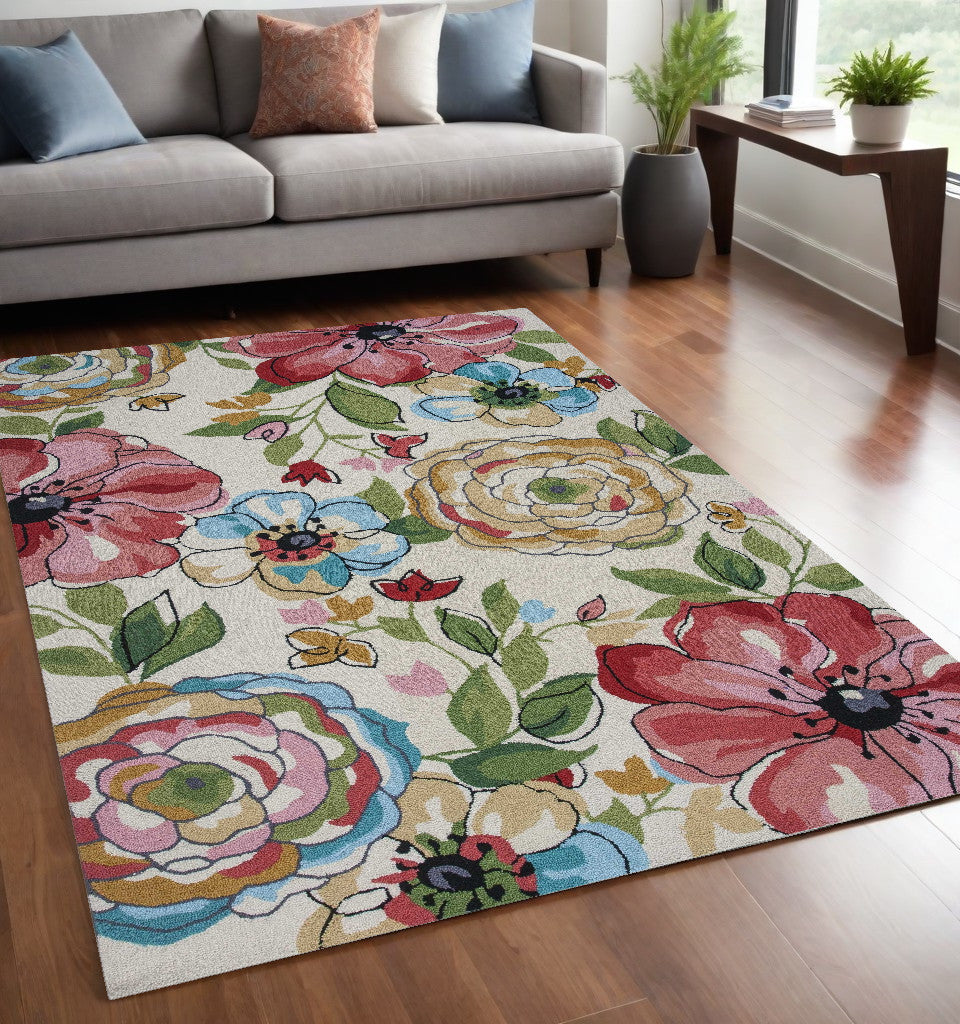 5' X 8' Sand Beige Hand Hooked Oversized Floral Indoor Area Rug