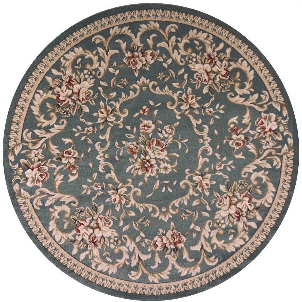 8' X 10' Slate Blue Floral Bordered Indoor Area Rug