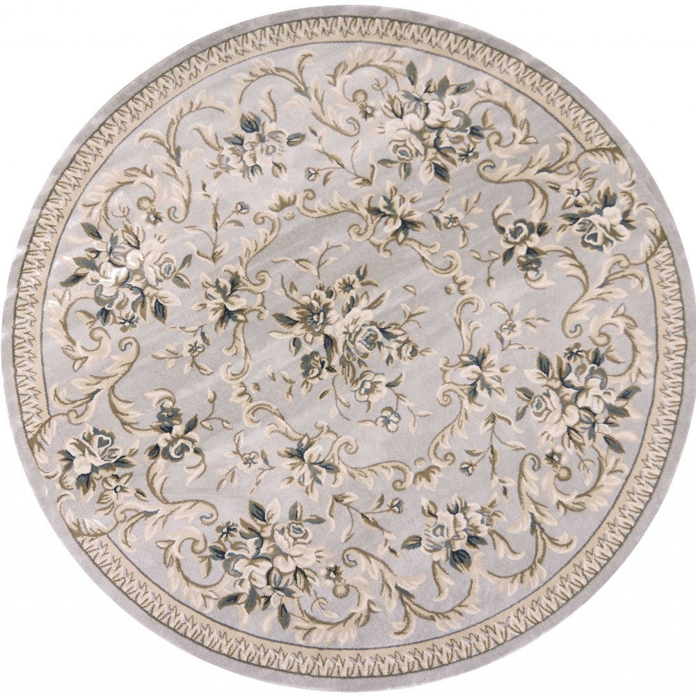 8' Light Grey Floral Round Indoor Area Rug