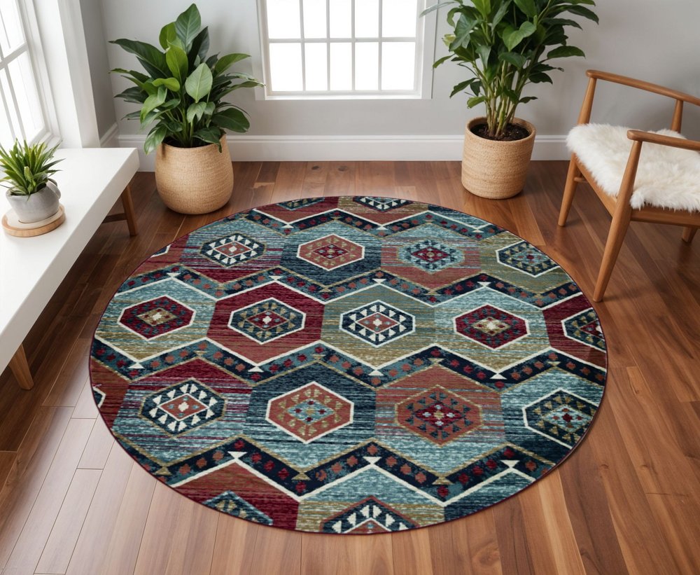 5' X 8' Red And Blue Geometric Area Rug