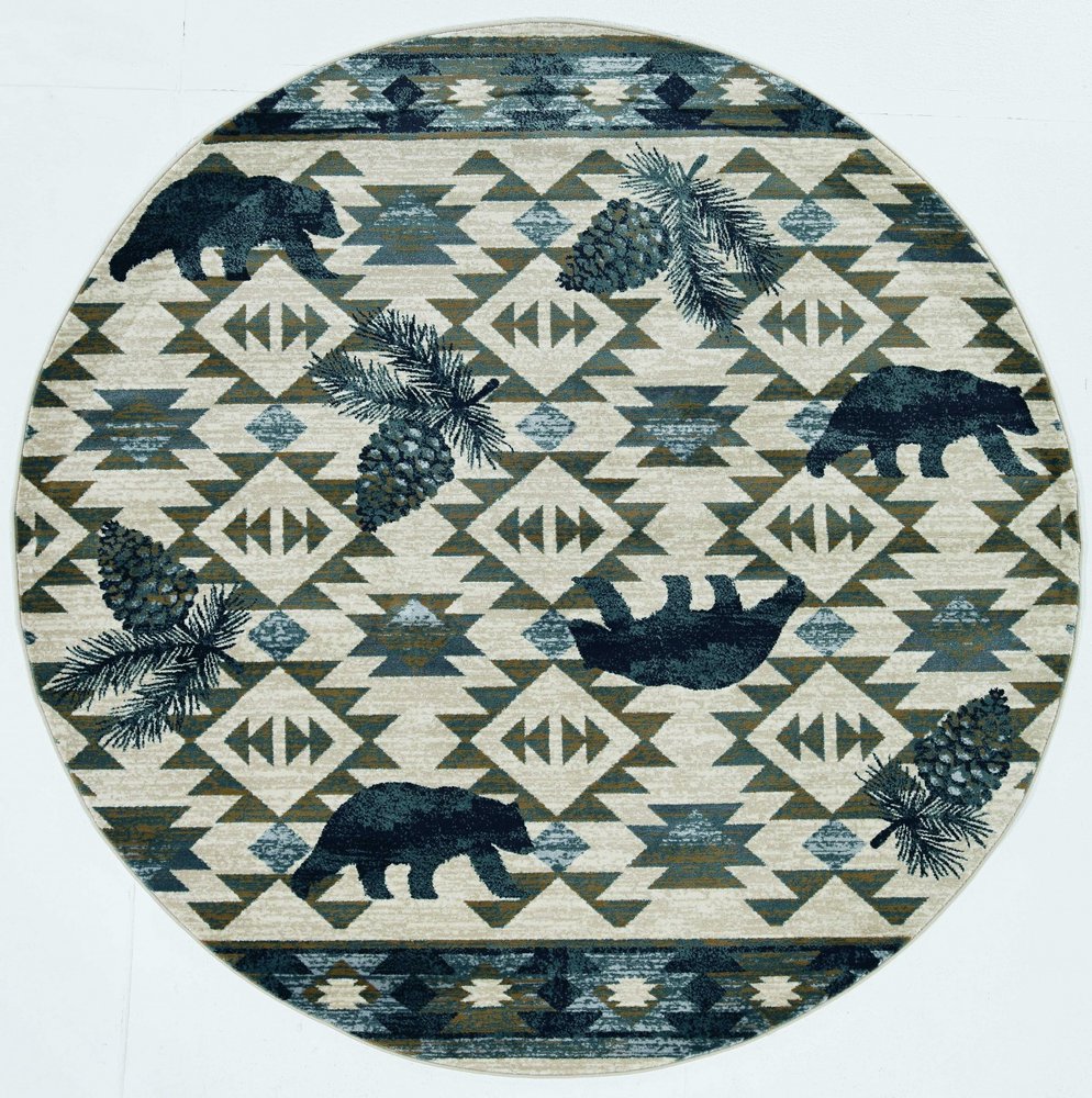 8' Ivory And Blue Southwestern Round Rug