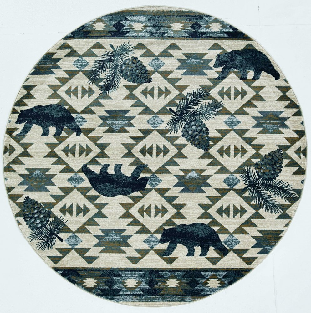 8' Ivory And Blue Southwestern Round Rug