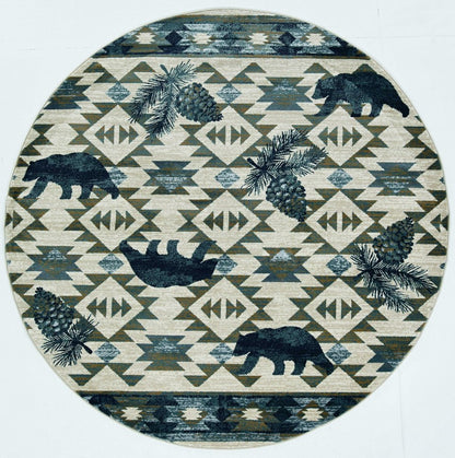 8' Ivory And Blue Southwestern Round Rug