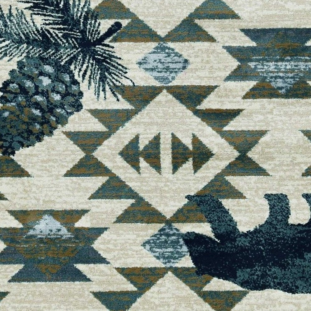 8' Ivory And Blue Southwestern Round Rug