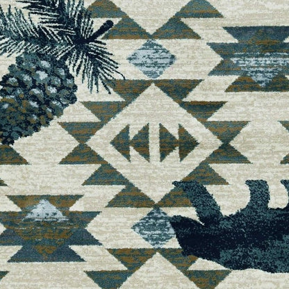 8' Ivory And Blue Southwestern Round Rug