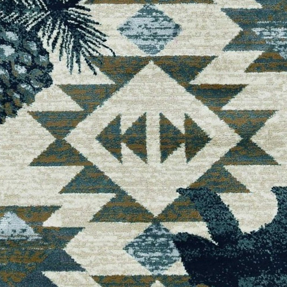 9'X12' Ivory Blue Machine Woven Geometric Lodge Indoor Area Rug