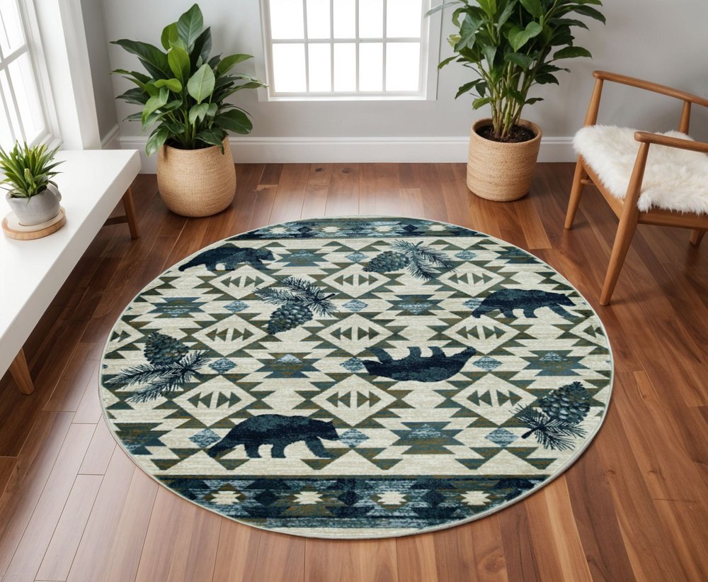 8' Ivory And Blue Southwestern Round Rug