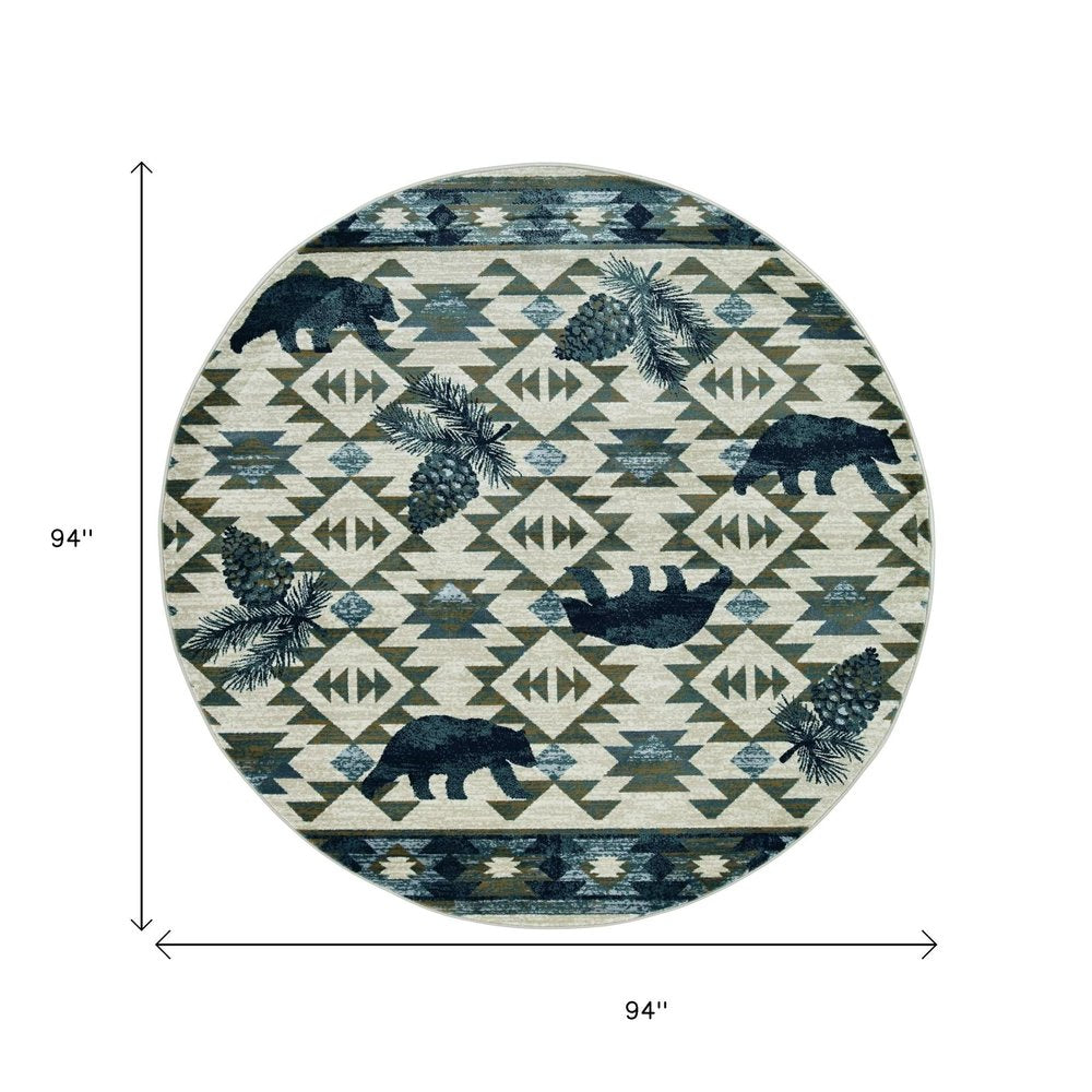 8' Ivory And Blue Southwestern Round Rug