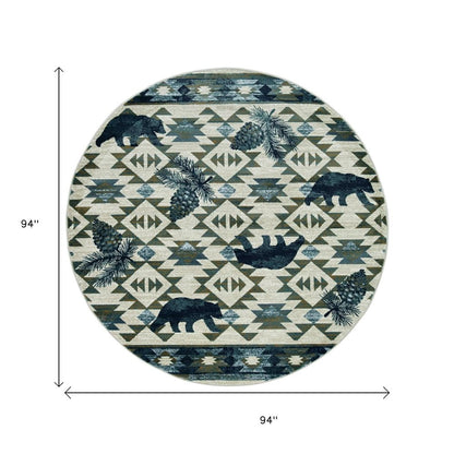 8' Ivory And Blue Southwestern Round Rug