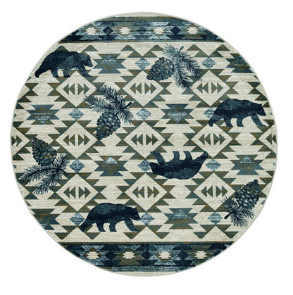 8' Ivory And Blue Southwestern Round Rug