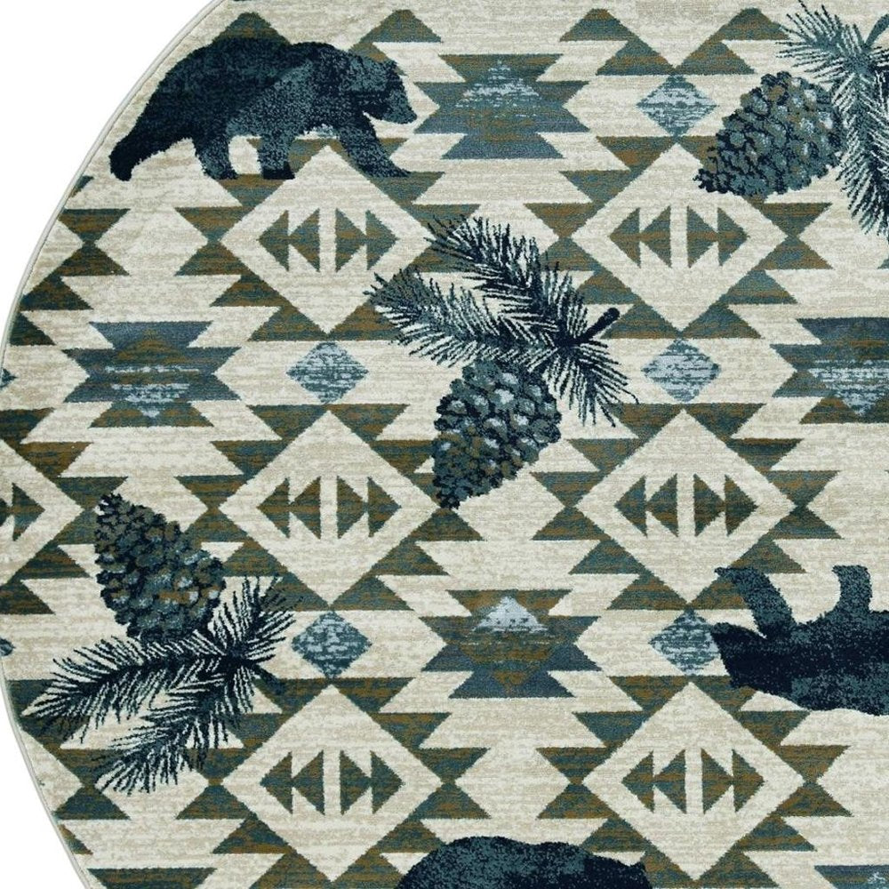8' Ivory And Blue Southwestern Round Rug