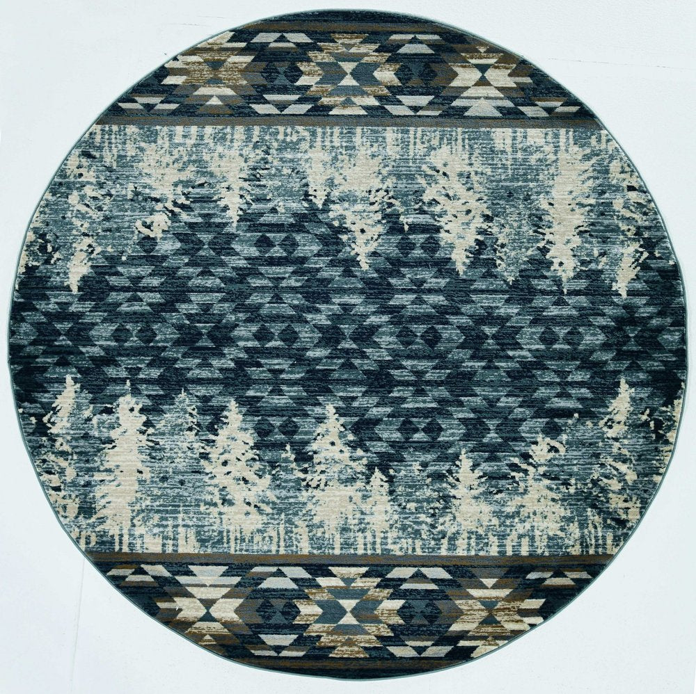8' Slate Blue And Ivory Southwestern Round Rug